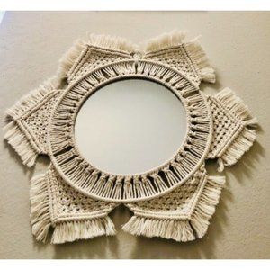 Hanging Wall Mirror Round Nursery Decor Boho Mirror with Macrame Fringe